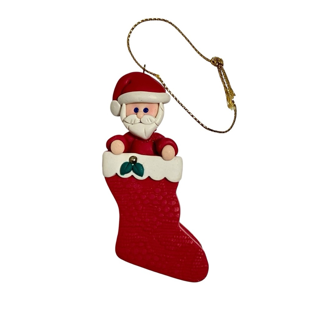 Vtg Pleasant Valley Designs Handcrafted Clay Santa Stocking Christmas Ornament